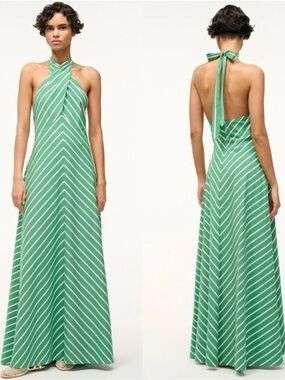 STAUD Green and White Striped Halter Backless Maxi Dress